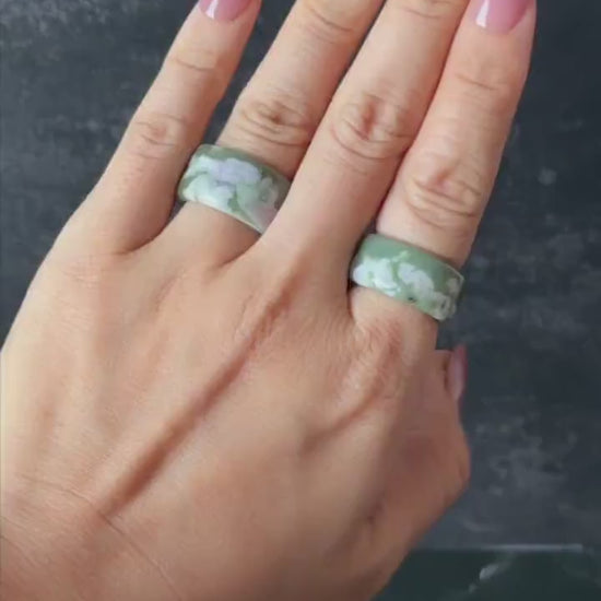 Natural Nephrite Jade Wide Band Ring US 5.5-5.75 : Green Jade with White & Purple Flower Pattern Statement Band Ring | Wisteria Flowers