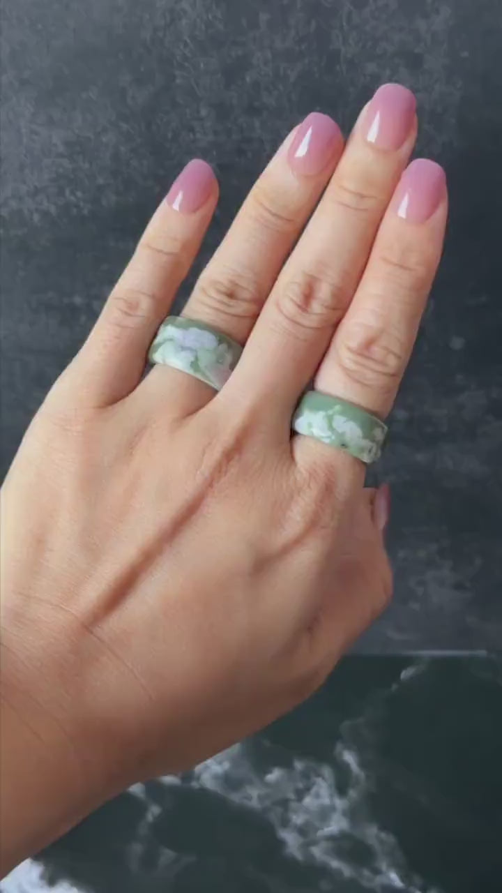 Natural Nephrite Jade Wide Band Ring US 5.5-5.75 : Green Jade with White & Purple Flower Pattern Statement Band Ring | Wisteria Flowers