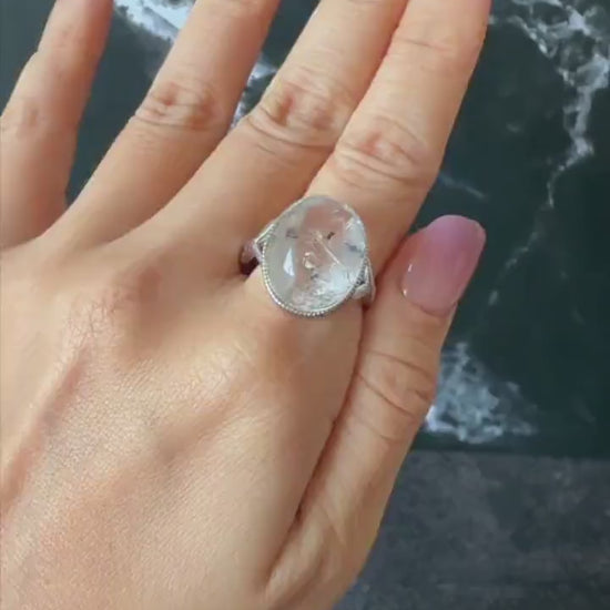 Polished Enhydro Quartz (Herkimer Diamond) S925 Silver Adjustable Ring: Rainbow! Moving Sand and Bubble Inclusion Crystal