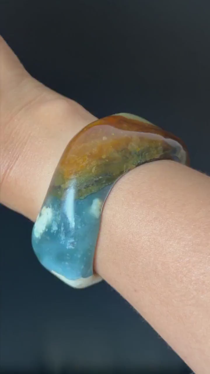 53.3mm Xiu Jade Serpentine Multi-colour Irregular Bangle: Natural Blue Brown Yellow White Green Jade Bracelet Stone Gemstone Jewelry Gift