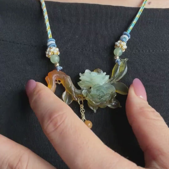 Xiu Jade Gardenia Flower Hand Carved Pendant Adjustable Braided Necklace Choker: Natural Untreated White Green Yellow Serpentine Carving