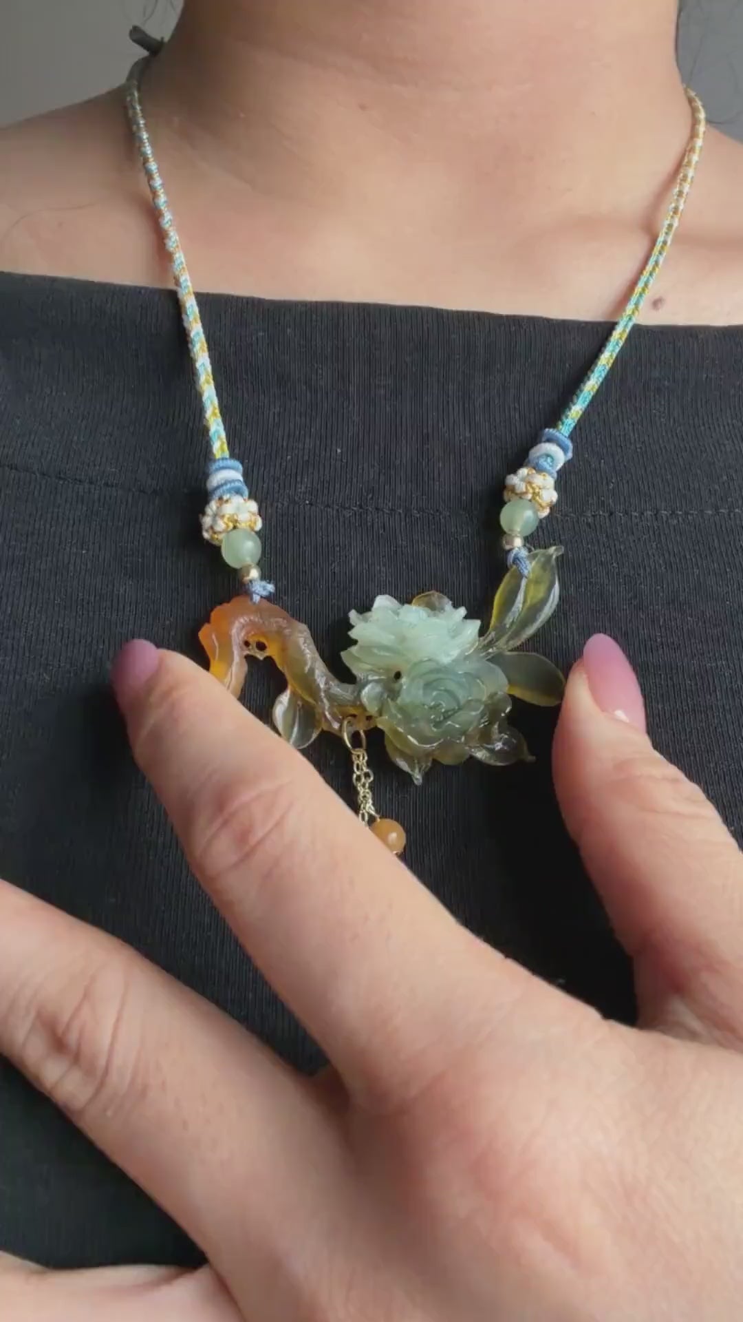 Xiu Jade Gardenia Flower Hand Carved Pendant Adjustable Braided Necklace Choker: Natural Untreated White Green Yellow Serpentine Carving