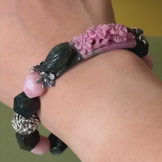 Xiu Jade Bird & Flower Hand Carved Charm Irregular Stretch Elastic Bead Bracelet: Natural Serpentine Green Pink Jade Vintage Tibetan Silver