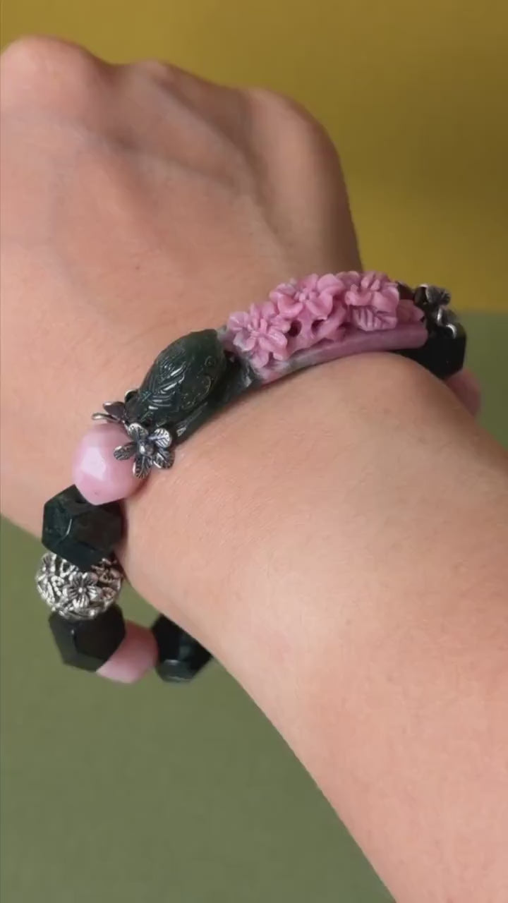 Xiu Jade Bird & Flower Hand Carved Charm Irregular Stretch Elastic Bead Bracelet: Natural Serpentine Green Pink Jade Vintage Tibetan Silver