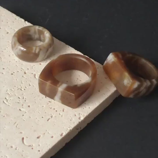 Nephrite Jade Chocolate Mocha Band Ring: Untreated White Jade & Brown Jade Women Statement Ring US 4.75-9.75 Thumb Ring Pinky Ring