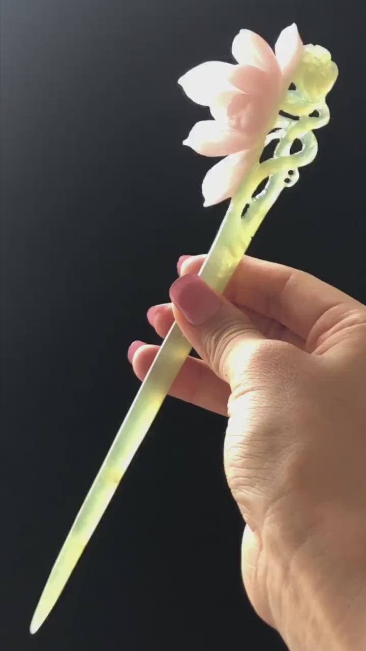 Natural Xiu Jade Serpentine Hand Carved Pink Lotus Flower Hair Pin | Pink & Green Jade Hair Stick