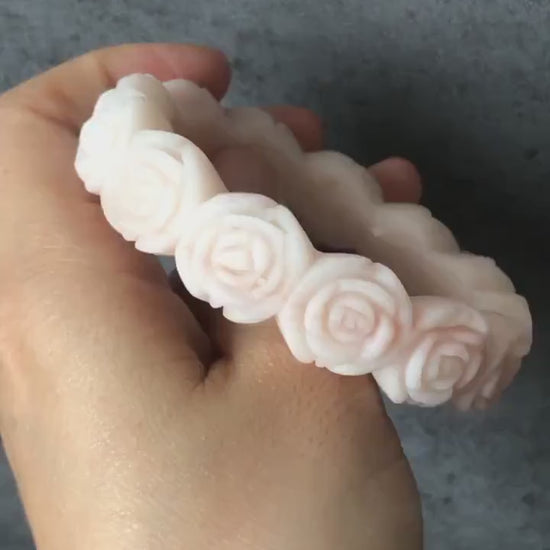 53.9mm Custom Size Natural SheTaicui jade (Quartzite) Carved Rose Bangle Bracelet | Milky Coral | Custom Made Size | Crystal Gemstone Stone