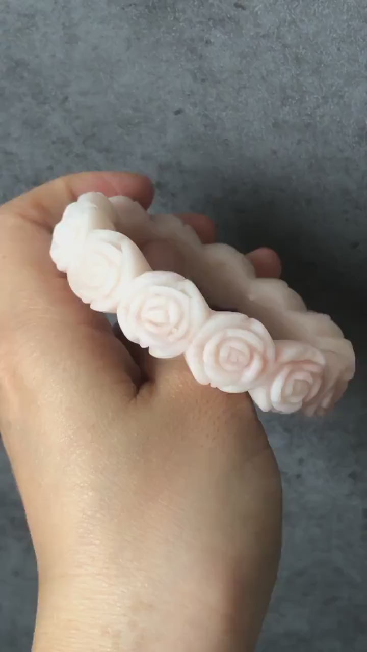 53.9mm Custom Size Natural SheTaicui jade (Quartzite) Carved Rose Bangle Bracelet | Milky Coral | Custom Made Size | Crystal Gemstone Stone