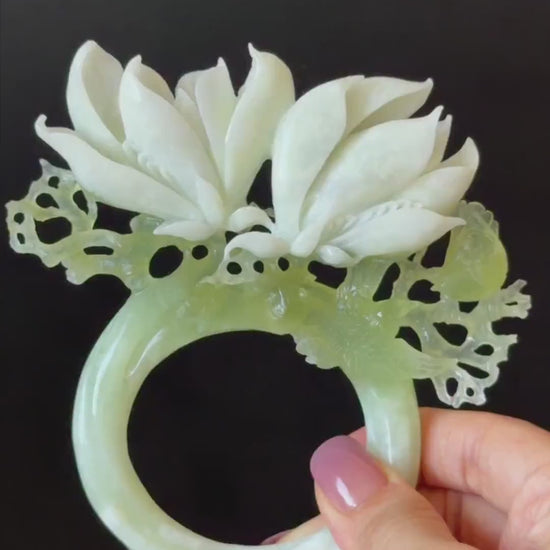 Xiu Jade Yulan Flowers & Birds Hand Carved Hair Crown: Certified Natural Serpentine White Green Jade Handcrafted Hanfu Vintage Hair Stick