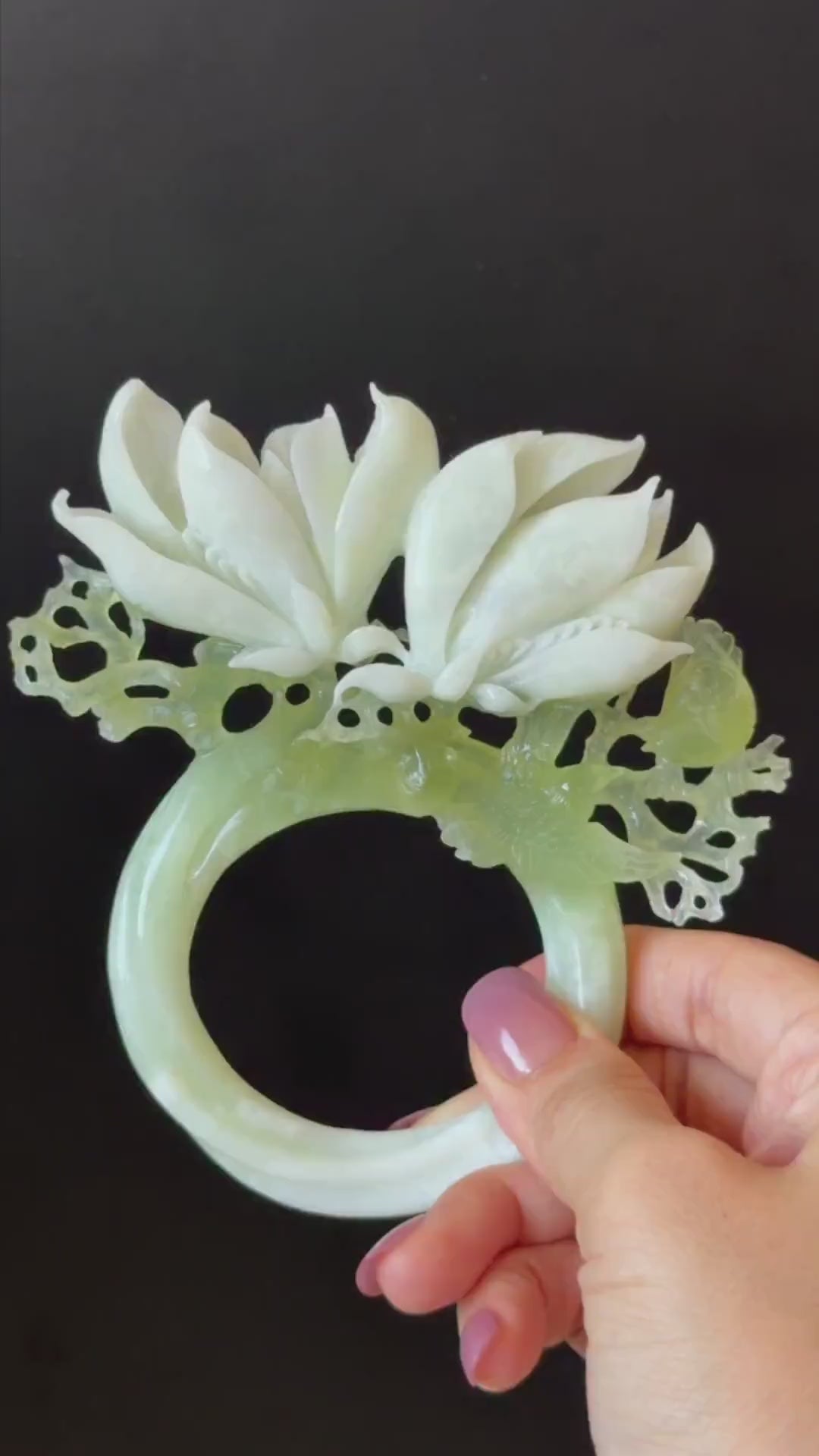 Xiu Jade Yulan Flowers & Birds Hand Carved Hair Crown: Certified Natural Serpentine White Green Jade Handcrafted Hanfu Vintage Hair Stick