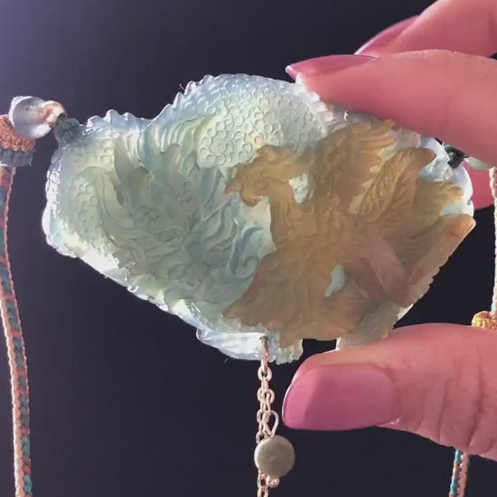 Xiu Jade Dragon & Phoenix Hand Carved Pendant Adjustable Braided Necklace Choker: Natural Yellow Green Jade Serpentine Handcrafted Charm