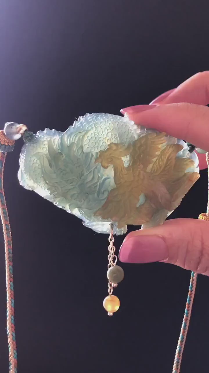 Xiu Jade Dragon & Phoenix Hand Carved Pendant Adjustable Braided Necklace Choker: Natural Yellow Green Jade Serpentine Handcrafted Charm