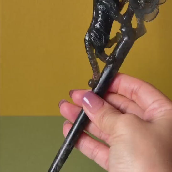 Xiu Jade (Serpentine) Hand Carved Tiger & Rose Hair Pin: Natural Handcrafted Black Jade Hair Stick with Certificate