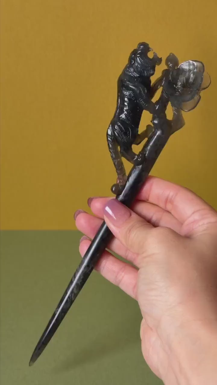 Xiu Jade (Serpentine) Hand Carved Tiger & Rose Hair Pin: Natural Handcrafted Black Jade Hair Stick with Certificate