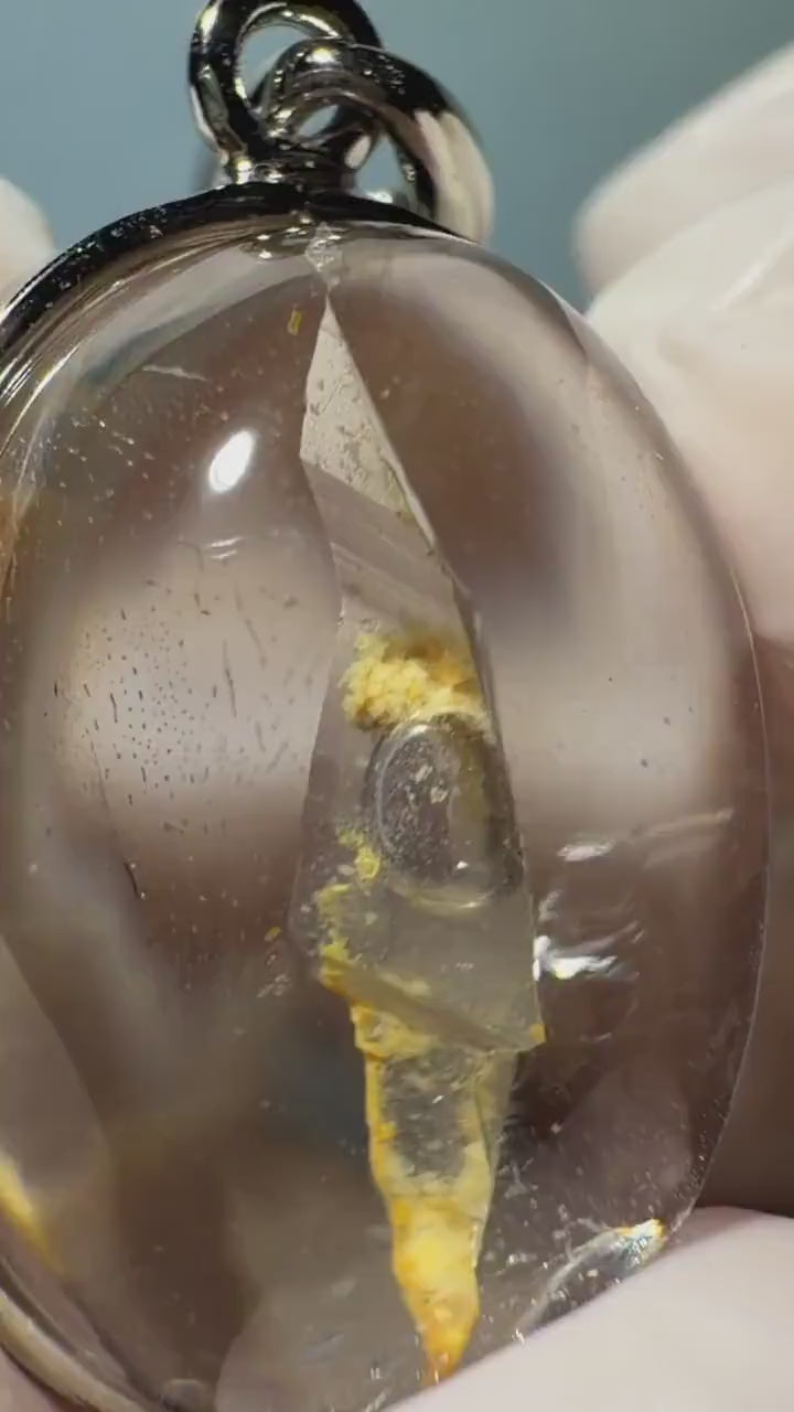 Rare! Polished Enhydro Quartz Flowing Yellow Sand with shifting bubble Inclusion Crystal Cabochon S925 Silver Pendant Adjustable Necklace