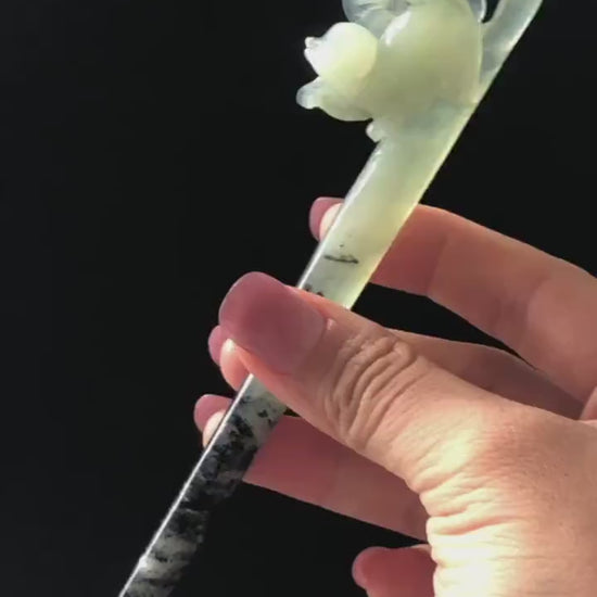 Certified Natural Xiu Jade Serpentine Hand Carved Hair Pin | Cat & Rose | Green Jade Hair Stick | Asian Chinese Vintage Hairpin Gift for her