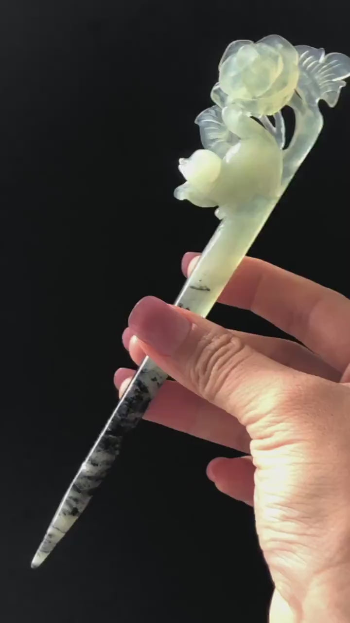 Certified Natural Xiu Jade Serpentine Hand Carved Hair Pin | Cat & Rose | Green Jade Hair Stick | Asian Chinese Vintage Hairpin Gift for her