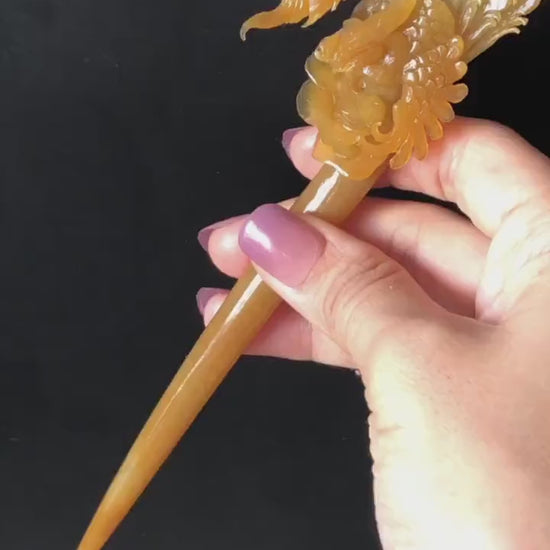 Xiu Jade Serpentine Hand Carved Golden Phoenix & Peony Hair Pin | Yellow Orange Red Jade Hair Stick