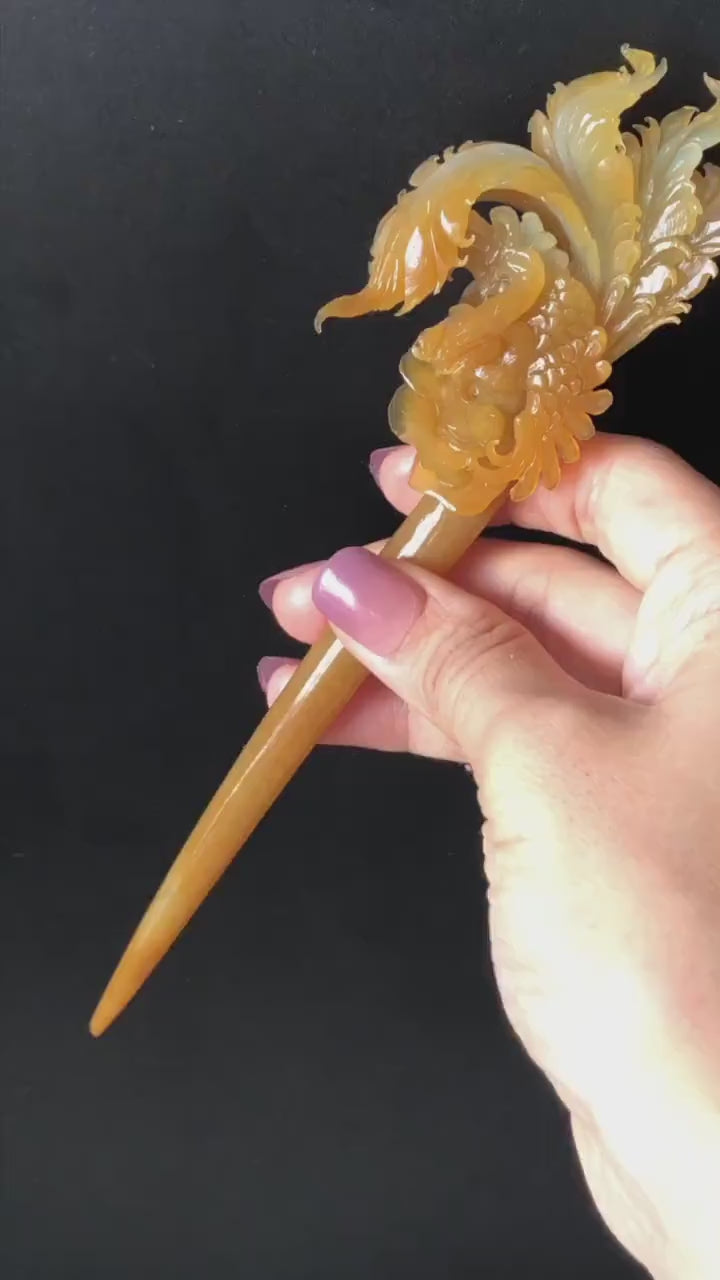 Xiu Jade Serpentine Hand Carved Golden Phoenix & Peony Hair Pin | Yellow Orange Red Jade Hair Stick