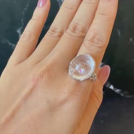 Polished Enhydro Quartz (Herkimer Diamond) S925 Silver Adjustable Ring: Rainbow! Moving Bubble Inclusion Crystal Statement Ring