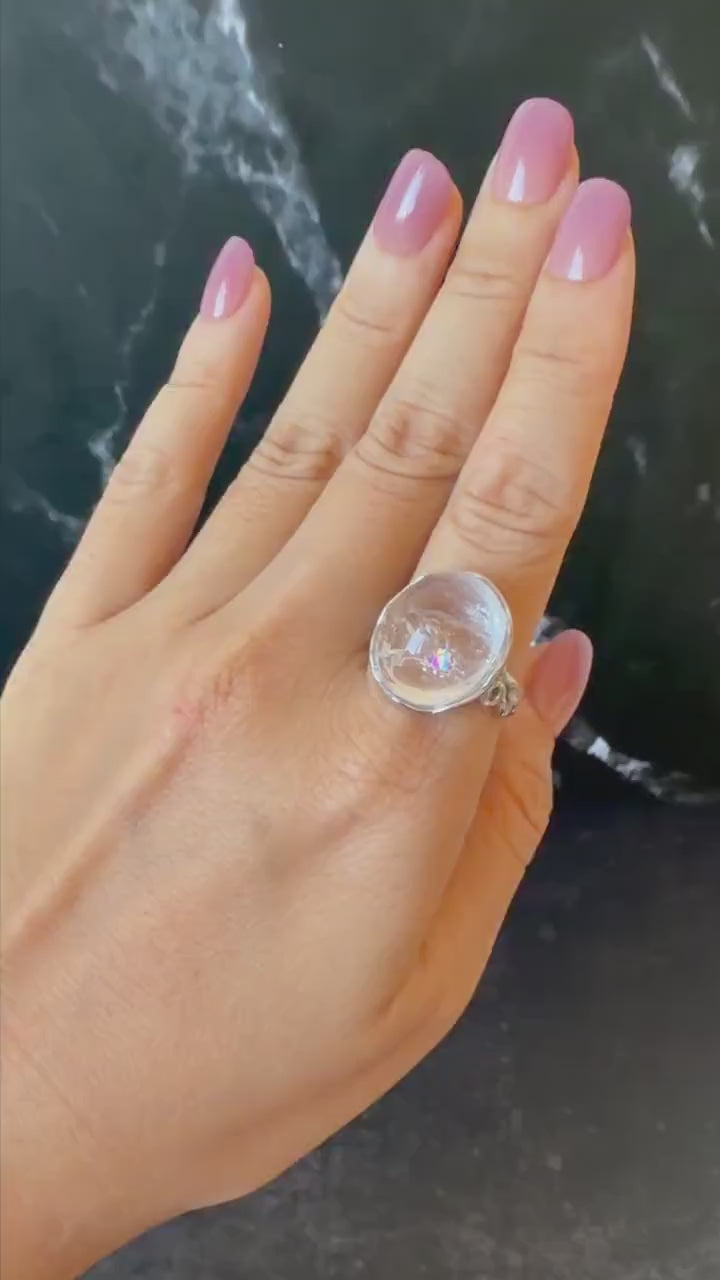 Polished Enhydro Quartz (Herkimer Diamond) S925 Silver Adjustable Ring: Rainbow! Moving Bubble Inclusion Crystal Statement Ring