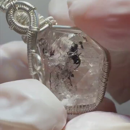 Polished Enhydro Quartz (Herkimer Diamond) Pendant Adjustable Choker Necklace:  Moving Sand & Clear Bubble Inclusion Crystal