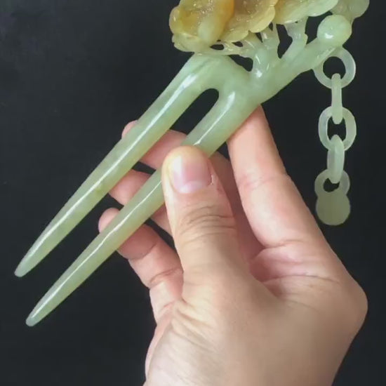 Certified Xiu Jade Serpentine Hand Carved Bird and Flowers Dangle Hair Pin | Green, Yellow, Red Jade Hair Stick