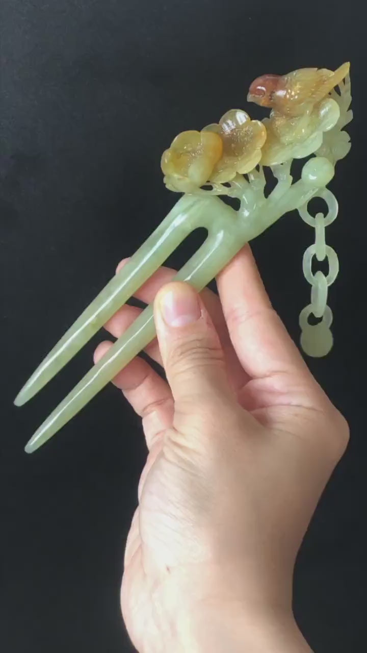 Certified Xiu Jade Serpentine Hand Carved Bird and Flowers Dangle Hair Pin | Green, Yellow, Red Jade Hair Stick