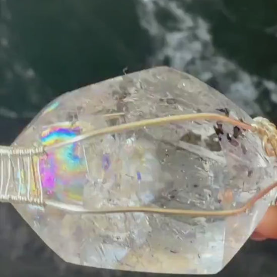 Rare Polished Enhydro Quartz (Herkimer Diamond) Wire Wrapped Pendant Adjustable Necklace | Big Rainbow! Moving Black Tourmaline Inclusion