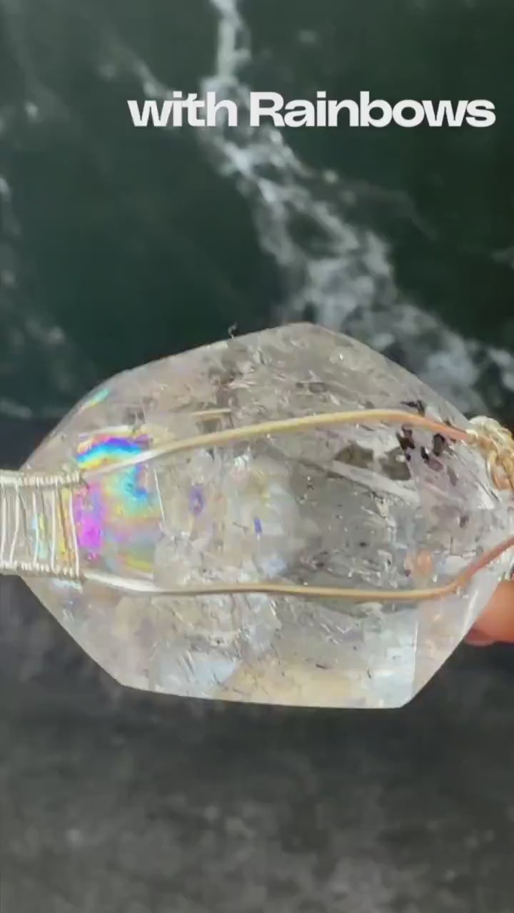 Rare Polished Enhydro Quartz (Herkimer Diamond) Wire Wrapped Pendant Adjustable Necklace | Big Rainbow! Moving Black Tourmaline Inclusion