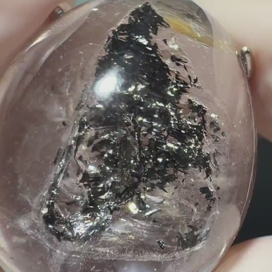 Enhydro Quartz (Herkimer Diamond) Silver Adjustable Ring: Moving Shimmering Black Mica Sand Inclusion in Triangle Chamber Polished Crystal