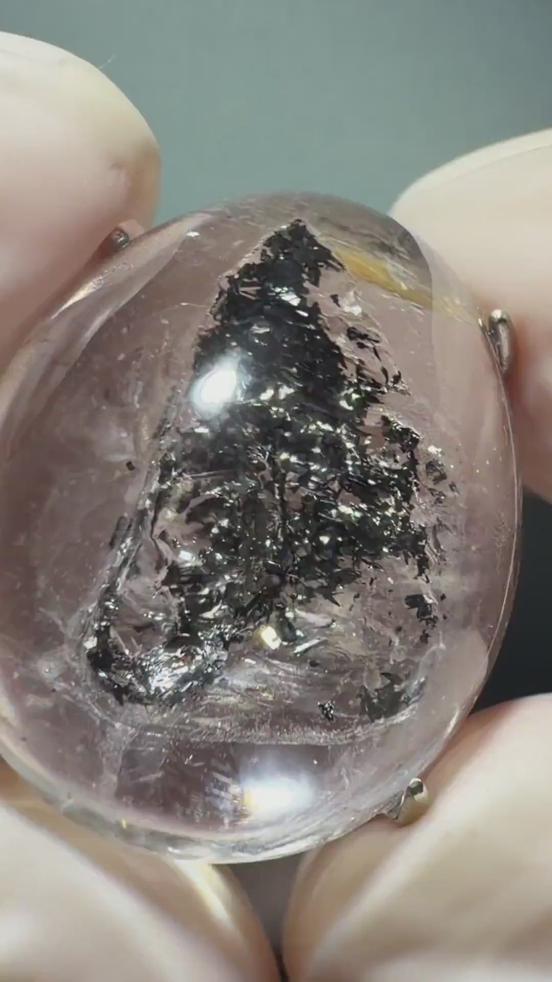 Enhydro Quartz (Herkimer Diamond) Silver Adjustable Ring: Moving Shimmering Black Mica Sand Inclusion in Triangle Chamber Polished Crystal