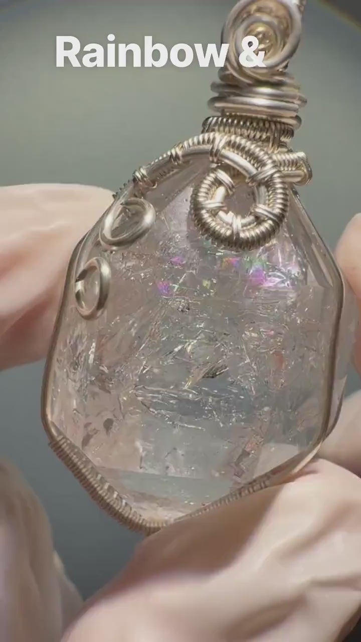 Polished Rainbow Enhydro Quartz (Herkimer Diamond) Pendant Adjustable Necklace: Moving Clear Bubble Inclusion Crystal