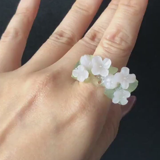 Custom Size! Xiu Jade Serpentine Hand Carved Pink Osmanthus Flowers Statement Ring: Green & Pink Jade Handcrafted 3D Stone Carving Ring