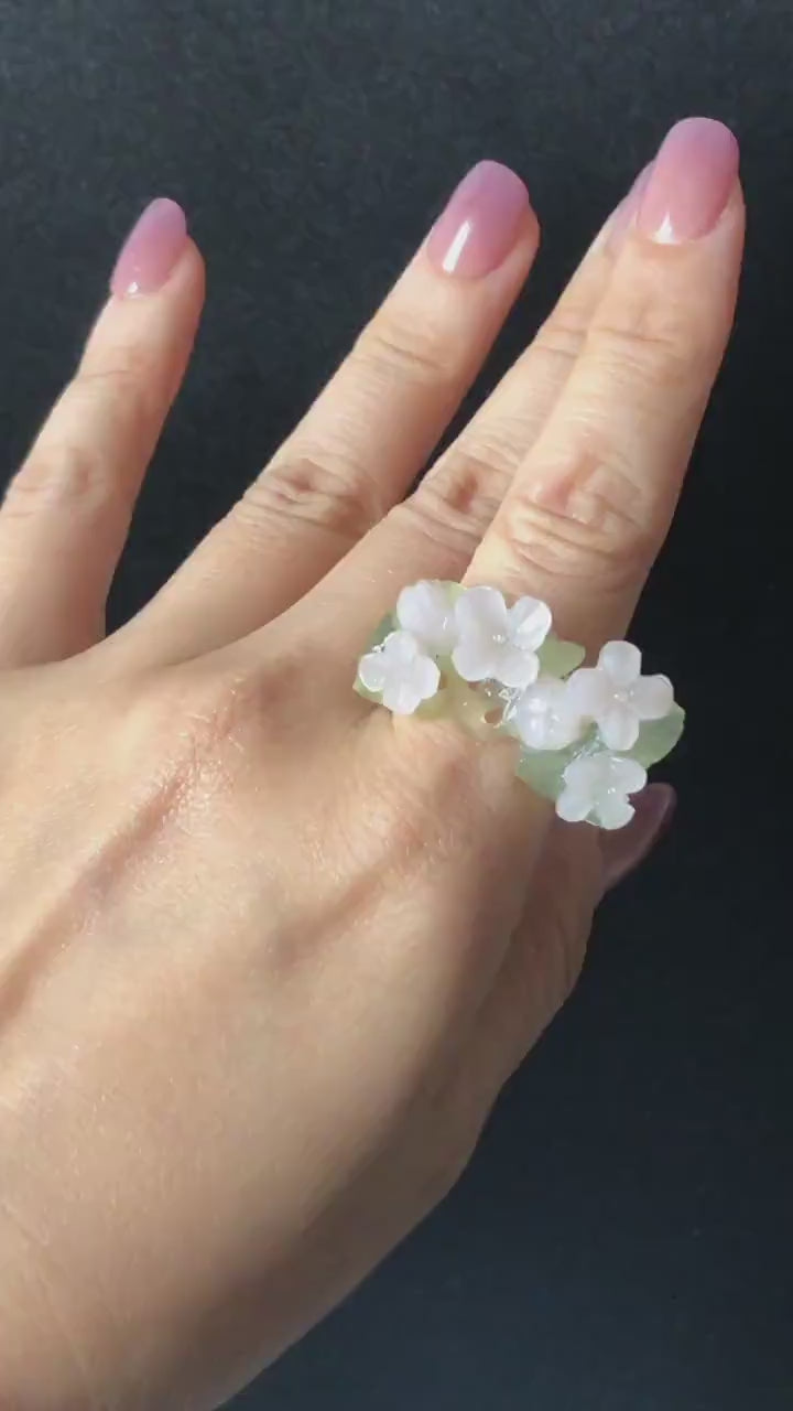 Custom Size! Xiu Jade Serpentine Hand Carved Pink Osmanthus Flowers Statement Ring: Green & Pink Jade Handcrafted 3D Stone Carving Ring