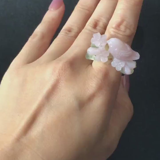 Custom Size! Xiu Jade Serpentine Hand Carved Pink Bird Flower Statement Ring: Green & Pink Jade Handcrafted 3D Stone Carving Ring