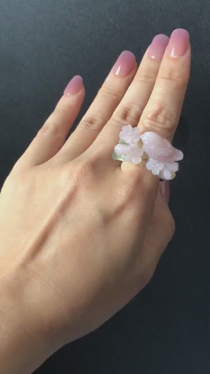 Custom Size! Xiu Jade Serpentine Hand Carved Pink Bird Flower Statement Ring: Green & Pink Jade Handcrafted 3D Stone Carving Ring