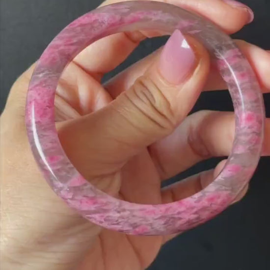 56.6mm Ultra-rare Natural Icy Rhodonite Stone Bangle:  Night Sakura Rain, Cherry Plum Blossom Pink Lances Icy Grey Pink Crystal Bracelet