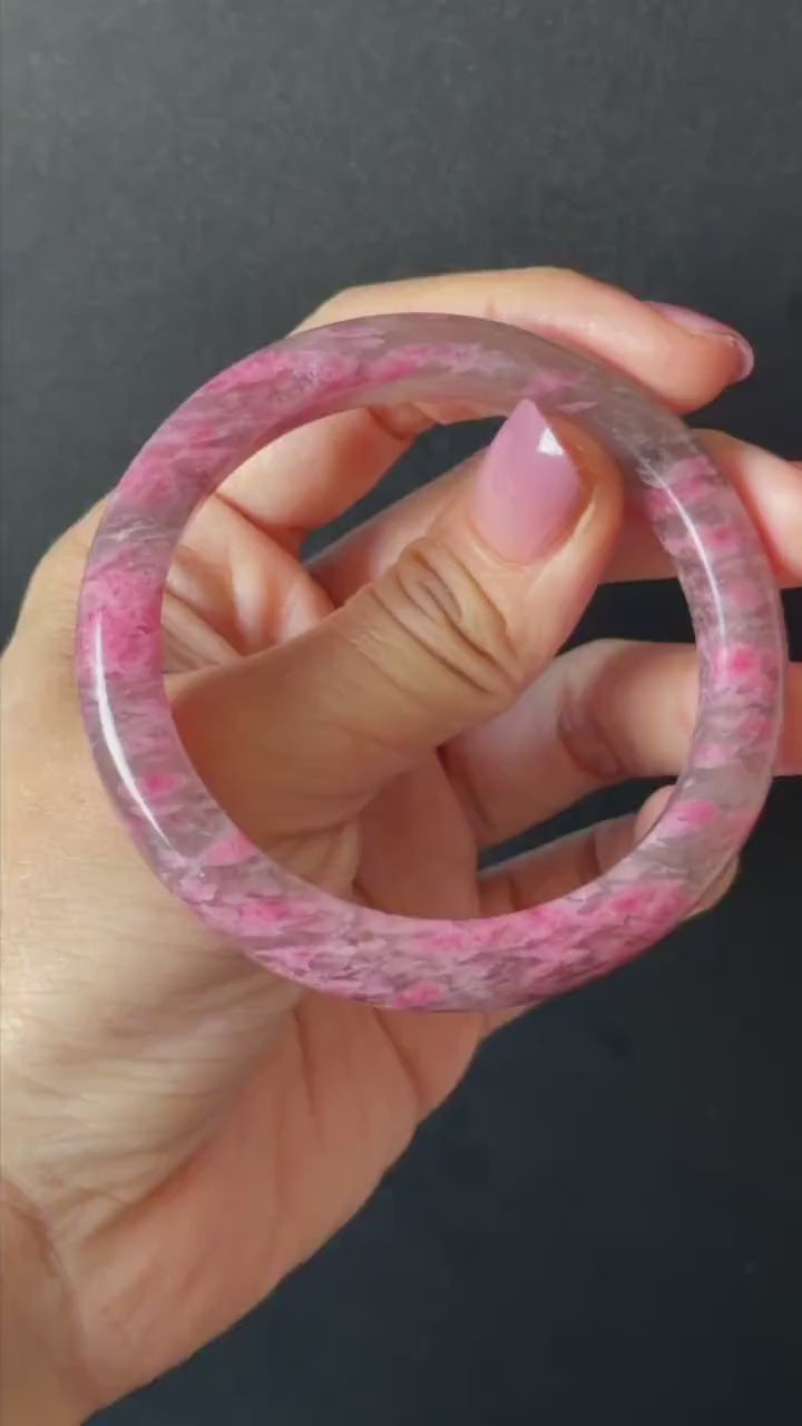56.6mm Ultra-rare Natural Icy Rhodonite Stone Bangle:  Night Sakura Rain, Cherry Plum Blossom Pink Lances Icy Grey Pink Crystal Bracelet