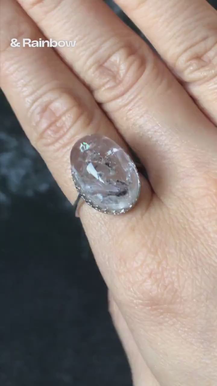 Polished Enhydro Quartz (Herkimer Diamond) S925 Silver Adjustable Ring: Rainbow! Moving Sand Waterfall and Black Bubble Inclusion Crystal