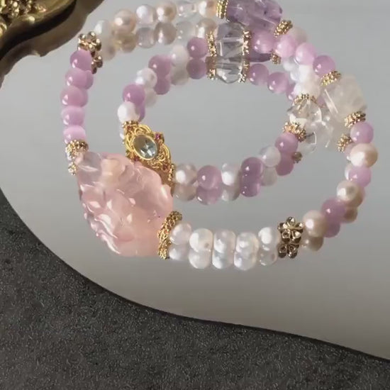 Pink Snow Phantom Quartz Carved Nine-tailed Fox Charm Crystal Double Layer Bracelet | with Kunzite, Snowflake Agate, Pearl | Love & Healing