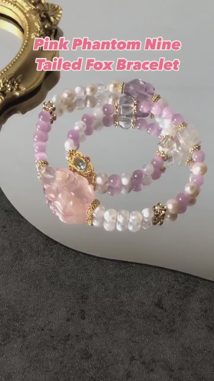 Pink Snow Phantom Quartz Carved Nine-tailed Fox Charm Crystal Double Layer Bracelet | with Kunzite, Snowflake Agate, Pearl | Love & Healing