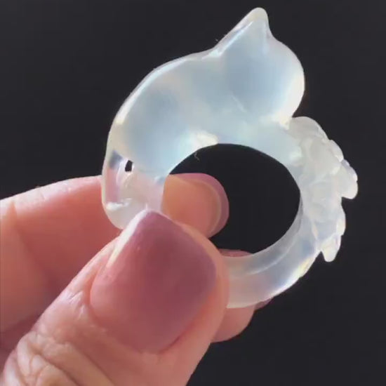 Custom Size! Xiu Jade Serpentine Hand Carved Cat Kitten and Flowers Ring: Natural Icy White Jade Customised Statement Ring