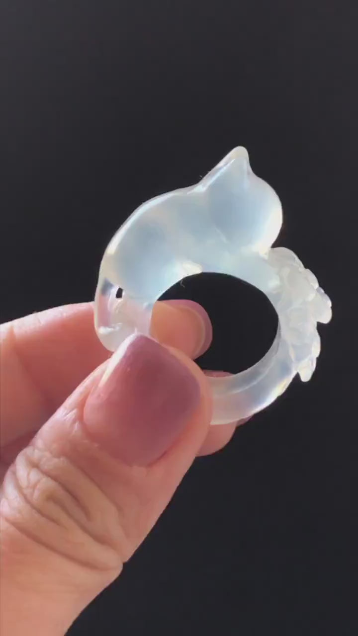 Custom Size! Xiu Jade Serpentine Hand Carved Cat Kitten and Flowers Ring: Natural Icy White Jade Customised Statement Ring