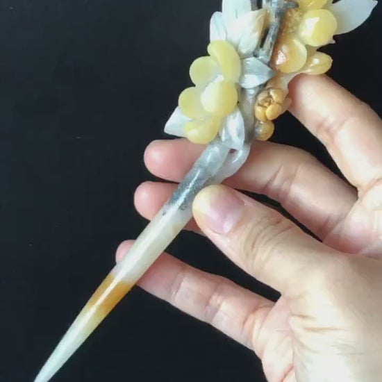 Certificate Natural Xiu Jade (Serpentine) Hand Carved Peach Blossom Flower Hair Pin | Hair Stick | Yellow White Black | Asian Vintage Style