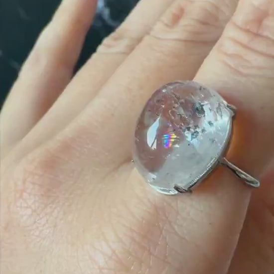 Polished Enhydro Quartz (Herkimer Diamond) S925 Silver Adjustable Ring: Big Rainbow! Moving Black Bubble Inclusion Crystal Statement Ring