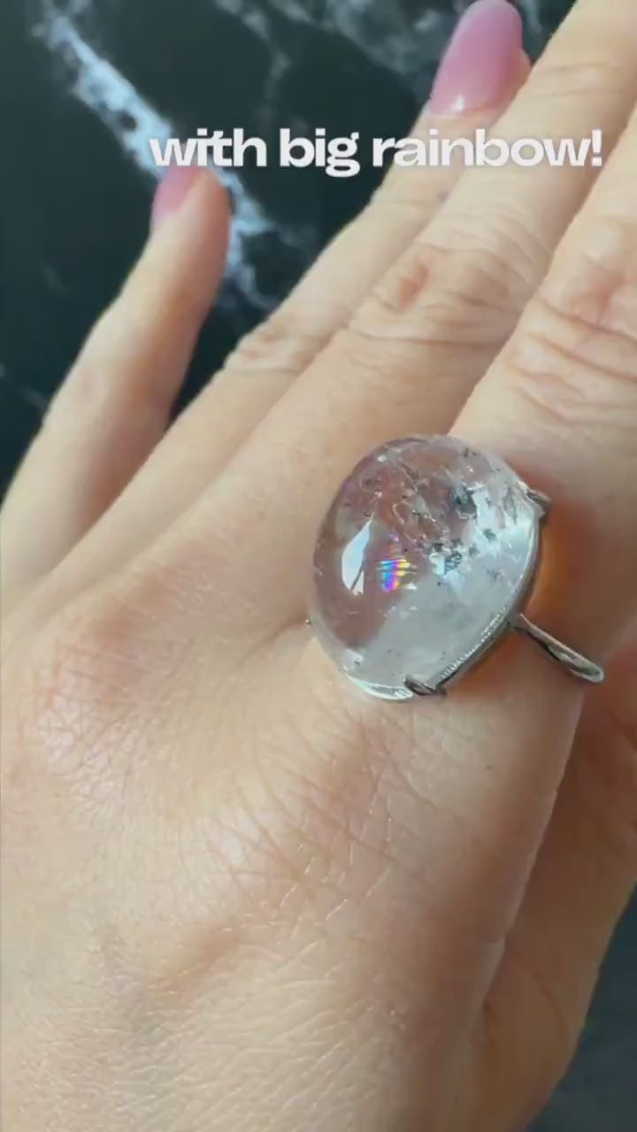 Polished Enhydro Quartz (Herkimer Diamond) S925 Silver Adjustable Ring: Big Rainbow! Moving Black Bubble Inclusion Crystal Statement Ring