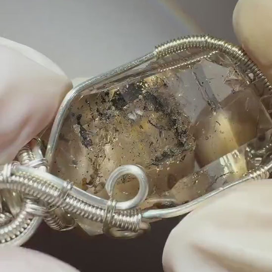 Polished Smoky Enhydro Quartz (Herkimer Diamond) Small Pendant Necklace: Sand Waterfall & Clear Bubble with Black Tourmaline Inclusion