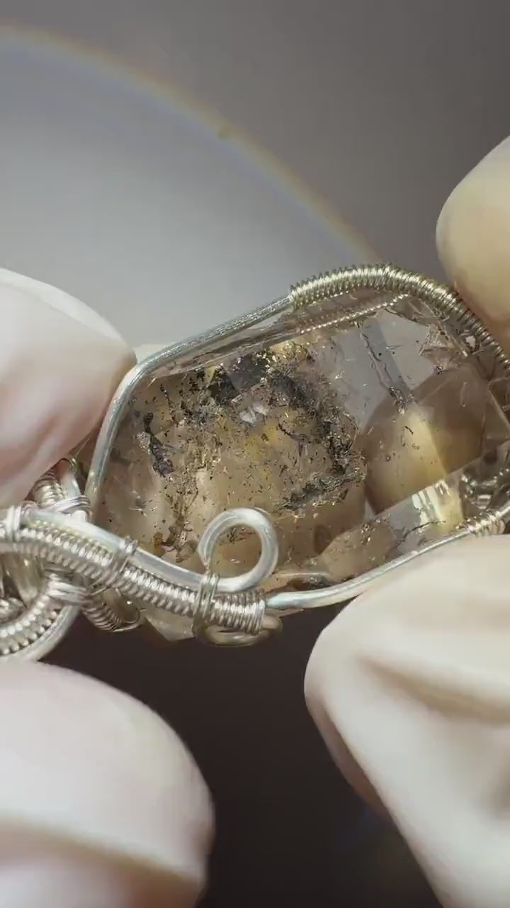 Polished Smoky Enhydro Quartz (Herkimer Diamond) Small Pendant Necklace: Sand Waterfall & Clear Bubble with Black Tourmaline Inclusion