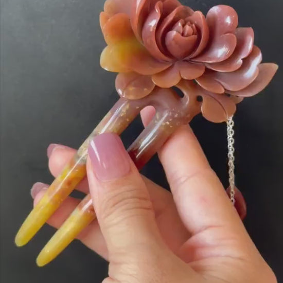 Certified Natural Xiu Jade Serpentine Hand Carved Camellia Flower Hair Fork with dangle